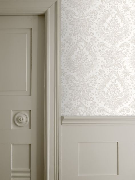 Our sophisticated Boudoir Medallion wallpaper in white and grey is the perfect pick for pared-back modern interiors. Order a sample online to your home. Medallion Wallpaper, Hallway Wallpaper, Paisley Wallpaper, Chic Living, Inspirational Wallpapers, Wallpaper Decor, Wallpaper Living Room, Grey Wallpaper, Room Wallpaper