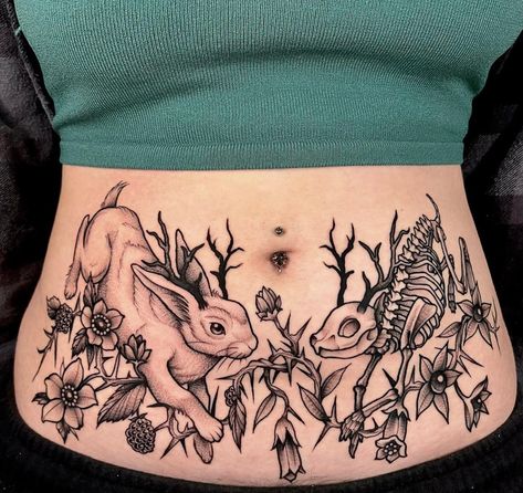 Rabbit Chest Tattoo, Wet Specimen Tattoo, Inky Cap Mushroom Tattoo, Mushroom Ring Tattoo, Cryptid Tattoo Ideas, Milkweed Tattoo, Paranormal Tattoo, Upper Stomach Tattoos, Goblincore Tattoo