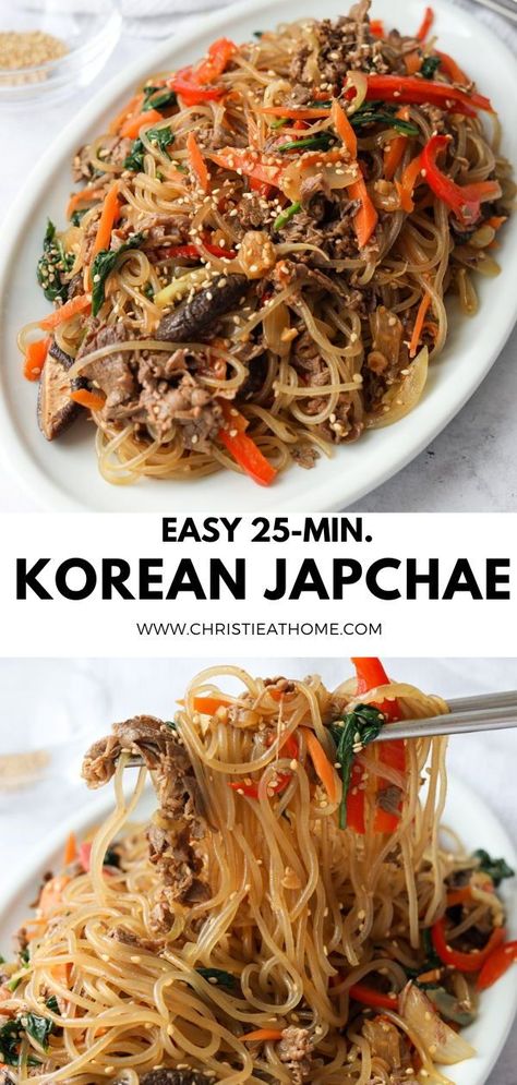 Japchae Aesthetic, Chapchae Recipe, Easy Korean Dishes, Sweet Potato Glass Noodles Recipe, Jap Chae Recipe, Japchae Recipe Korean, Potato Starch Noodles, Korean Japchae, Jap Chae