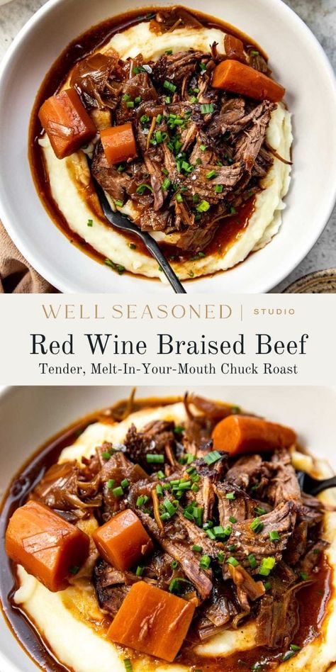 Polenta With Beef, Red Wine Beef Gravy Recipe, Red Wine Braised Pot Roast Slow Cooker, Instapot Braised Beef, Slow Braised Beef, Slow Braised Beef Roast With Cranberry Balsamic Glaze, Braised Beef And Mashed Potatoes, Mashed Potatoes And Beef Stew, Easy Beef Burgundy Recipe