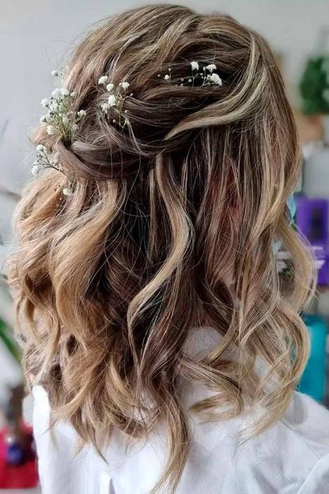 80+ Medium Length Hairstyles - Love Hairstyles Half Up Half Down Wedding Hair Brown Medium Length, Mid Length Curls Wedding, Mid Length Brown Wedding Hair, Bride Hairstyles Mid Length, Mid Length Hairstyles Prom, Bride Hairstyles Medium Length Half Up, Half Up Party Hair, Mid Length Hairstyles For Wedding, Medium Hair Styles Formal