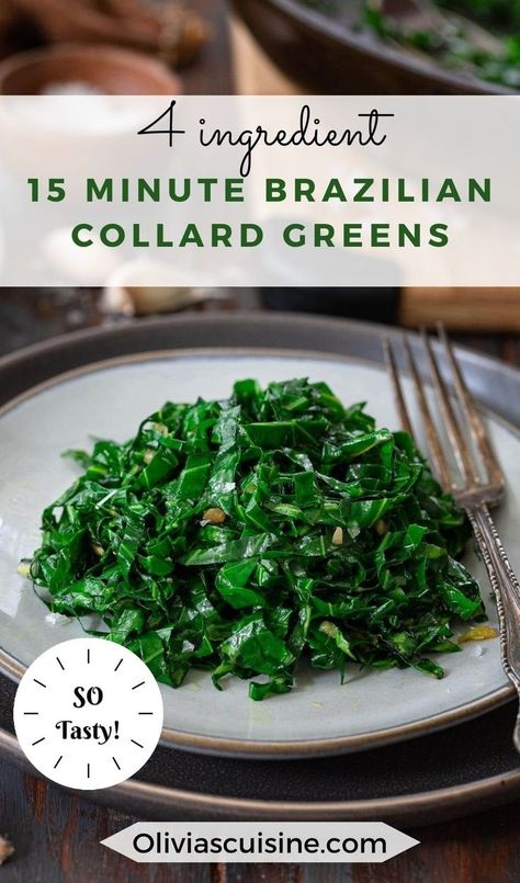 This Brazilian collard greens recipe is nothing like the slow cooked Southern version. Bright, garlicky and crisp-tender, these collards are one of my favorite sides ever! And the best part? You’ll only need four ingredients and 15 minutes (or less) to make them! Easy Collard Greens Recipe, Collard Greens Recipe, Side Dishes For Chicken, Vegetarian Sides, Vegetarian Side Dishes, Side Dishes For Bbq, Side Dishes Recipes, Dinner Side Dishes, Potato Side Dishes