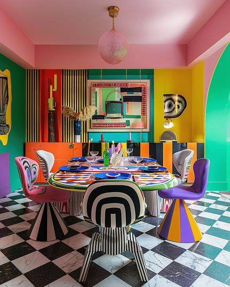 A House inspired by Memphis Design Style :: Behance Pop Arcade Interior, Pop House Design, Memphis Design Bedroom, Bright Colors Interior Design, Memphis Design Aesthetic, Memphis Style Interior, Memphis Bedroom, Pop Interior Design, 80s Memphis Interior Design