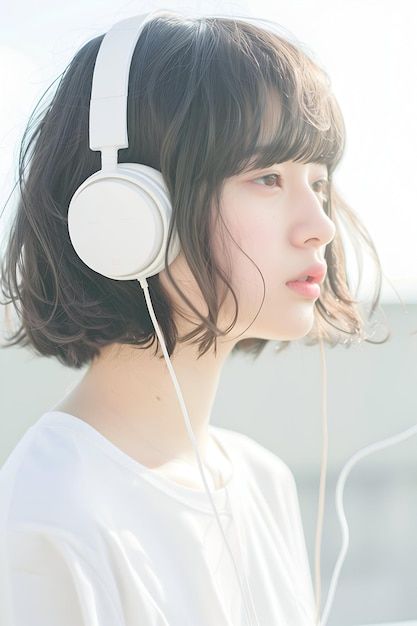 A woman listening to music with a headset on Holding Headphones Pose, Girl With Headphones Art, Person Listening To Music, Girl Listening To Music, Big Headphones, Woman Listening To Music, Project Cover, Headphones Art, Wearing Headphone