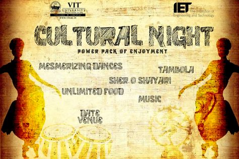 Poster design for cultural night events organised in colleges. Personal design. Message for PSD. Cultural Night Poster, College Cultural Fest Posters, Cultural Event Poster Design, College Posters, Festival Poster Design, College Poster, College Event, Event Posters, Cultural Festival