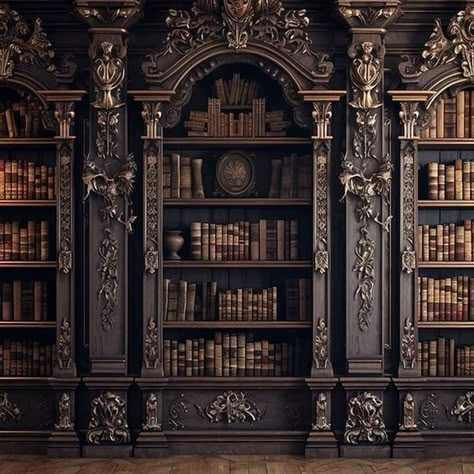 Victorian Bookshelf, Library Academia, Gothic Bookshelves, Library Goals, Dark Bookshelves, Dark Academia Widget, Studio Background Ideas, Bookshelf Library, Gothic Library