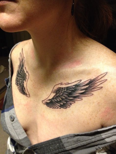 Wing Tattoo On Chest Men, Wing Tattoo On Collar Bone, Wings Tattoo Collar Bone, Wings On Collar Bone Tattoo, Angel Wings Chest Tattoo Female, Angel Wings Collar Bone Tattoo, Collar Bone Wing Tattoo, Angel Wing Chest Tattoo, Wings Tattoo On Chest