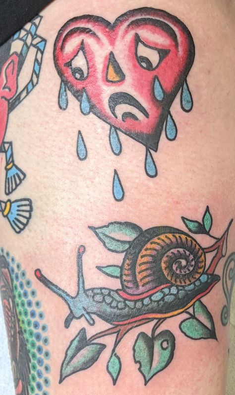 Traditional Snail Tattoo, American Traditional Snail Tattoo, Snail And Flowers Tattoo, Cottagecore Snail Tattoo, Neo Traditional Snail Tattoo, Creepy Snail Tattoo, Snail Tattoo, Crying Heart, Tattoo Time