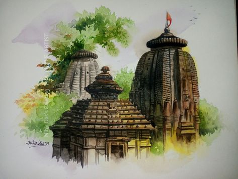 Indian Temple Watercolor Paintings, Sketch Book Water Colour, Artist Water Colour Painting, Water Colour Landscape Paintings, Temple Painting Indian, Water Colour Art Landscape, Temple Sketches Indian, Water Colour Landscape, Temple Painting