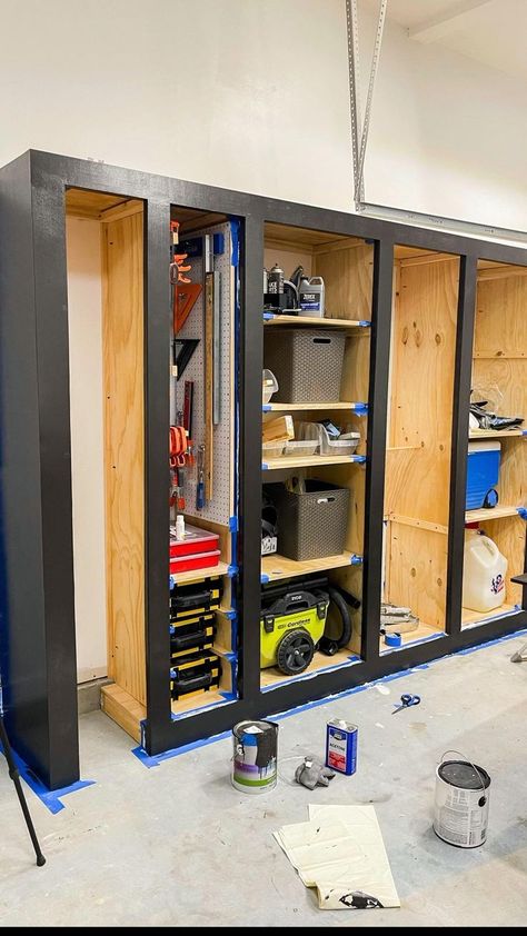 DIY tall black garage cabinet in 2022 | Garage cabinets, Garage storage, Diy garage storage cabinets Garage Cabinets Diy, Officine In Garage, Garage Storage Plans, Garage Workshop Layout, Diy Garage Gym, Garage Storage Inspiration, Black Garage, Diy Garage Storage Cabinets, Garage Organization Tips