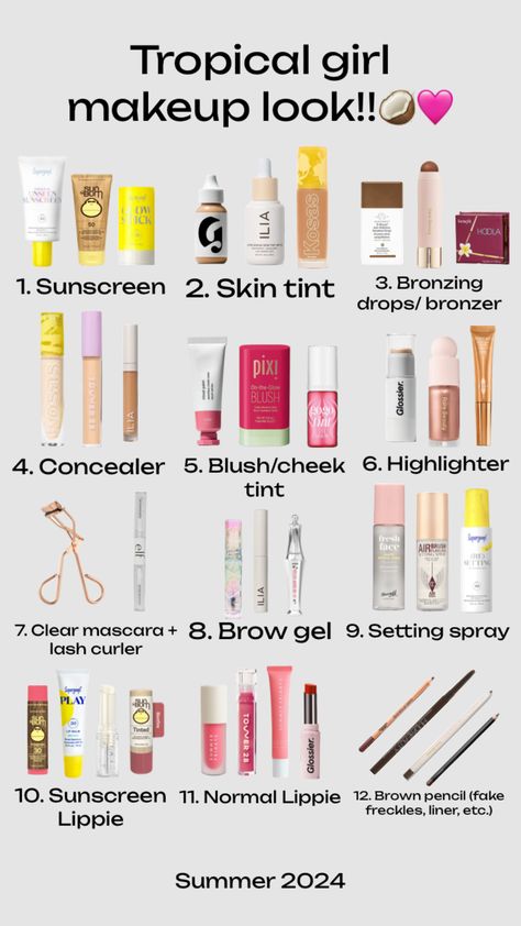 #makeup #sephora #summer #summer2024 #preppy #tropical #coconutgirl #fyp Preppy Makeup Essentials, Makeup To Take On Vacation, Natural Summer Makeup Products, Preppy Sephora Products, Vacation Makeup Essentials, Sephora Must Haves 2024, Summer Makeup Must Haves, Summer Makeup Essentials, Beach Makeup Products