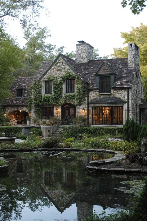 English country house with stone siding multi pitch roof facade overgrown with vine climbers a pond in front with a reflection of the house trees. Discover the charming essentials and cozy vibe that make a cottagecore house your perfect rural escape. Cozy House Ideas Exterior, English Country Architecture, Scottish House Cottages, Cozy House Plans Layout, House Cozy Exterior, Vine Covered House, Cottage Style House Interior, European Ranch House Exterior, Cottage Inspired Homes