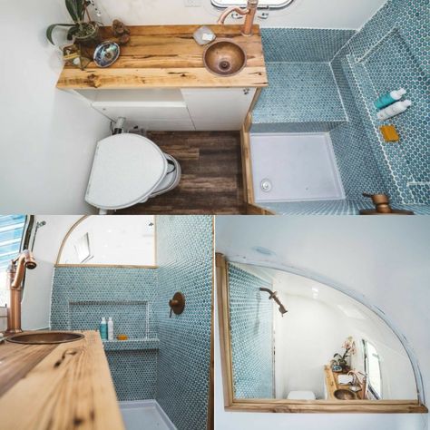 Caravan With Bathroom, Schoolie Bathroom, Camper Space Saving Ideas, Camper Bathroom Ideas, Caravan Bathroom, Airstream Bathroom, Converted Van, Small House Blueprints, Camper Bathroom