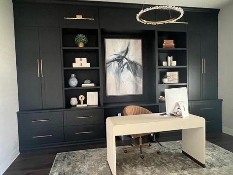 Creating a Home Office That Inspires Productivity | The French Refinery Home Office With Built In Bookshelves, Home Office Cabinets Built Ins, Custom Office Built Ins, Home Office Ideas Modern, Custom Laundry Room Cabinets, Home Office With Built Ins, Efficient Home Office, Study Lounge, Home Office Built Ins