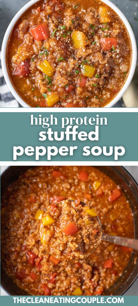 High Protein Stuffed Pepper Soup Recipe is so delicious! Learn how to make healthy stuffed pepper soup in the crockpot, instant pot or on the stove! Soup In The Crockpot, Stuffed Pepper Soup Recipe, Pepper Soup Recipe, Stuffed Peppers Healthy, Fall Soup Recipes, Stuffed Pepper, Pepper Soup, Healthy Vegetable, Thanksgiving Menu Ideas