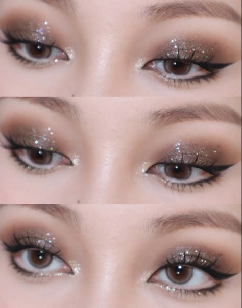 Sparkly Asian Makeup, Natural Glittery Makeup, Smoky Douyin Makeup, Epicanthal Fold Makeup, Light Smokey Makeup, Eye Makeup Graduation, Chungha Makeup, Epicanthic Fold Makeup, Masquerade Makeup Ideas