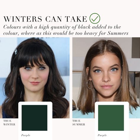 True Winter VS True Summer comparison 🖤 . #coloranalysis #colouranalysis #winterpalette #truewinter #truesummer #summepalette #coloranalyst #zooeydeschanel #barbarapalvin Cool Winter Vs Cool Summer, True Summer Hair, Colour Season Analysis, Summer Brown Hair, Soft Summer Hair, Color Season Analysis, True Winter Color Palette, Season Analysis, Cool True Summer