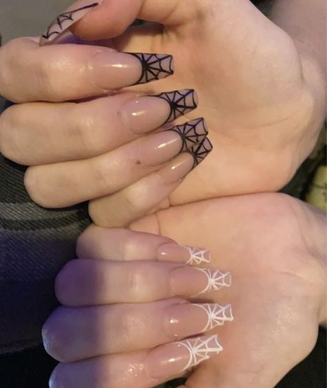 Nail Inspo Spider Web, Grey Spider Web Nails, Halloween Nails Ballerina Shape, Simple Spiderweb Nails, Nails For Back To School Acrylic, Spiderweb Acrylic Nails, Spiderweb French Tip Nails, Spider Acrylic Nails, Spider Web French Tip Nails