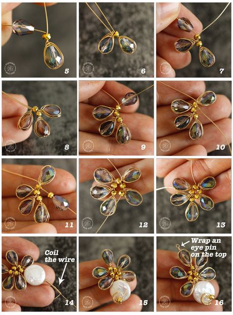 Wire Weaving Jewelry, Jewelry Techniques Step By Step, Wire Wrapping Tutorial Step By Step, Wire Flower Tutorial, Wire Beading, Beaded Flower Earrings, Pola Manik, Wire Wrapping Techniques, Inexpensive Jewelry