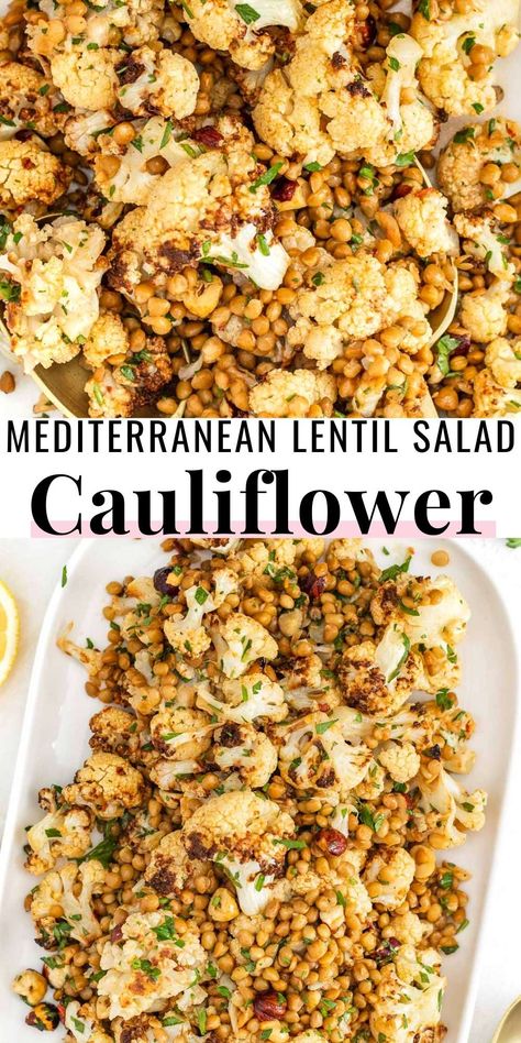 Cauliflower lentil salad is an easy and delicious Mediterranean-inspired recipe packed with bold flavors and wholesome ingredients.We make it with roasted cauliflower, lentils, parsley, and an aromatic cumin and lemon dressing. Lentils And Roasted Vegetables, Roasted Cauliflower Lentil Salad, Lentils And Cauliflower, Anti Inflammation Lentil Recipes, Cauliflower And Lentil Recipes, Mediterranean Diet Recipes Lentils, Lentil Side Recipes, Lentil Chickpea Salad, Cauliflower Lentil Salad