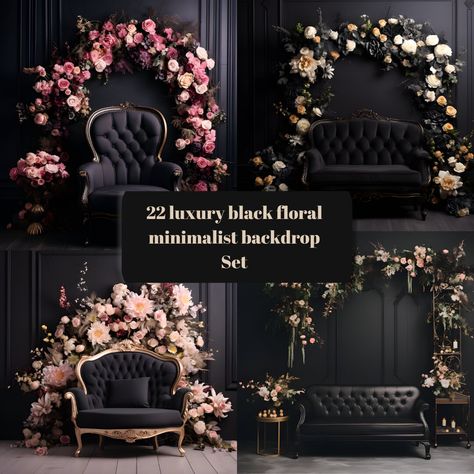 "🌟 Elevate Your Space with Elegance! 🌟 Introducing our luxurious Black Minimalist Floral Backdrop - the perfect blend of sophistication and simplicity! 🖤🌸 Transform your home, office, or event with this stunning digital backdrop that effortlessly marries timeless style with modern design. 🏡✨ Reasons to Choose Our Black Minimalist Floral Backdrop: 1️⃣ Unmatched Quality: Immerse yourself in the beauty of high-resolution graphics that capture every intricate detail, ensuring a premium visual e Black Floral Backdrop, All Black Wedding Decor, All Black Decorations Party, Black Floral Decor, Black Flower Wall, Dark Masquerade, Photo Station, Reception Stage Decor, Elegant Backdrop