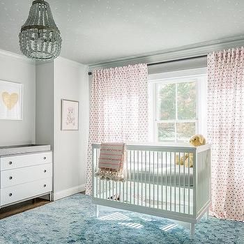 Pink and Blue Nursery with Wallpaper on Ceiling Crib In Front Of Window, Mid Century Crib, Farmhouse Baby Nursery, Transitional Nursery, Farmhouse Playroom, Rugs For Nursery, Vintage Baby Nursery, Grey Baby Nursery, Simple Nursery