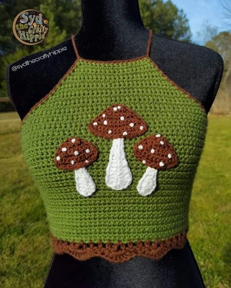 Crochet Mushroom Top Pattern, Crochet Mushroom Shirt, Mushroom Crochet Outfit, Crochet Mushroom Clothes, Whimsigoth Crochet Top, Mushroom Crochet Top, Crochet Halloween Outfit, Crochet Mushroom Top, Crochet Cottage Core