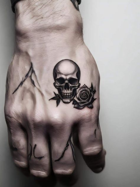 Small Skull Head Tattoo, Skulls Hand Tattoo, Small Hand Tattoo Ideas For Men, Basic Skull Tattoo, Dark Tattoo Designs Men, Skull With Beard Tattoo, Skull And Rose Tattoo For Men, Tattoo Ideas For Men Skull, Tattoos Men Skull