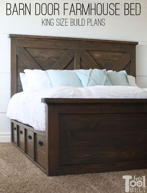 Build a barn door farmhouse bed with X headboard. Free king size bed building plans on hertoolbelt.com. King Size Bed Frame Diy, Diy King Bed, Diy Farmhouse Bed, Diy King Bed Frame, Farmhouse Bed Frame, Barn Door Farmhouse, Bed Frame Plans, Farmhouse Bed, Door Farmhouse