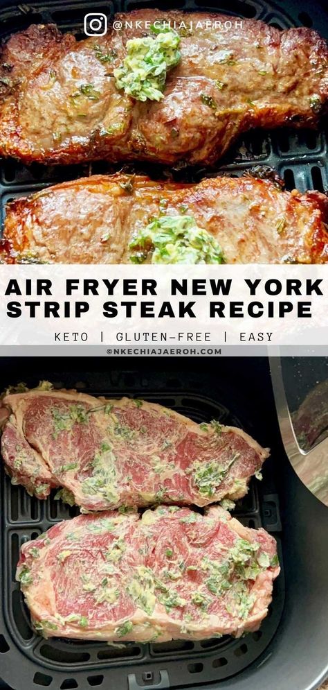 Air Fryer Ny Strip Steak, New York Steak Recipe, Ny Strip Steak Recipes, Steak Air Fryer, Porterhouse Steak Recipe, Flat Iron Steak Recipes, Air Fry Steak, Ny Steak, Strip Steak Recipe