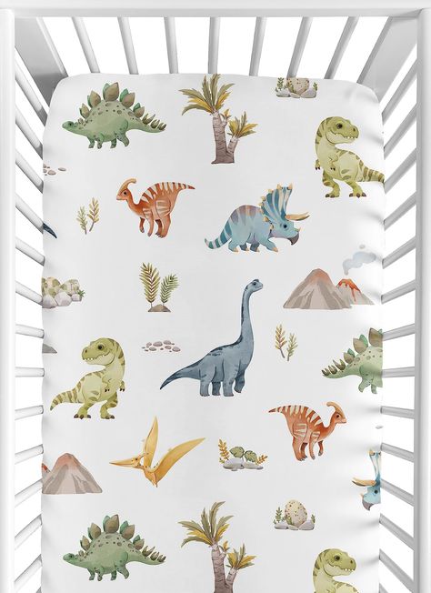 PRICES MAY VARY. Dimensions: 52 in. x 28 in. x 8 in. Brushed Microfiber - Watercolor Green Slate Blue and White Dinosaur Modern Jurassic Nature Animal Steel Turquoise Tan Mustard Yellow Orange Dino Print Fully elastic bottom for secure fit on most standard size cribs and toddler beds Easy machine washable and dryable Love the fabric style? Sweet Jojo Designs also makes coordinating bedding and decor accessories. Sweet Jojo Designs crib sheets are designed to match with their coordinating Crib Be Dinosaur Crib Sheets, Dinosaur Crib Bedding, Watercolor Dinosaur, Toddler Sheets, Dinosaur Room, Baby Sheets, Portable Crib, Mini Crib Sheets, Toddler Mattress