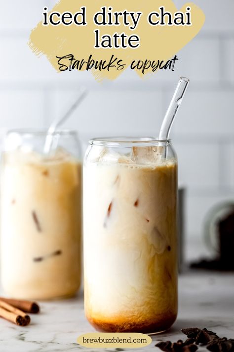 Two tall glasses of iced dirty chai latte sitting on a marble counter. Copycat Tazo Chai Concentrate, Chai Tea Recipe Starbucks, Hot Chai Tea Latte Recipe, Chai Frappe Recipe, Dirty Chai Latte Starbucks, Chai Latte Mix Recipe, Iced Chai Tea Latte Recipe, Dirty Chai Latte Recipe, Starbucks Chai Tea Latte Recipe