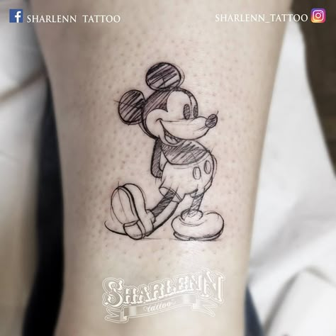 Mickey Mouse Sketch Tattoo On Lower Leg Small Disney Tattoo, Disney Tattoo Ideas, Disney Inspired Tattoos, Disney Tattoos Small, Mickey Tattoo, Mouse Tattoo, Mickey Mouse Tattoo, Mouse Tattoos, Wonderland Tattoo