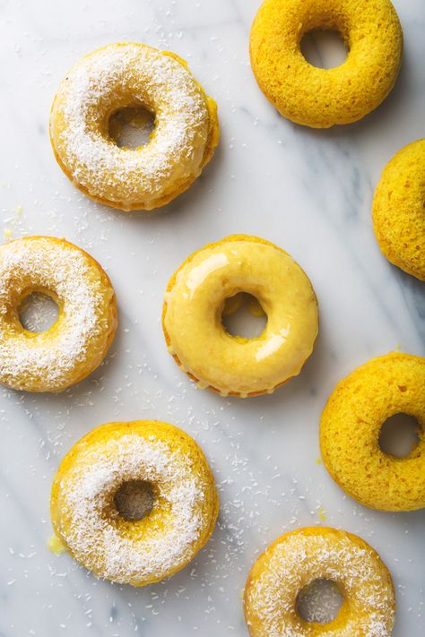 Turmeric Lemon Coconut Donuts (Egg-Free & Dairy-Free) Easy Lemon Cake Recipe, Lemon Cake Easy, Donut Flavors, Sweet Glaze, Pumpkin Spice Donut, Lemon Dessert, Reference Board, Lemon Cake Recipe, Vegan Bakery