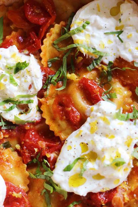 Trader Joe's Ricotta & Lemon Zest Ravioli with Burst Tomato Sauce - Grilled Cheese Social Tomatoes And Burrata, Burst Tomato, Burst Tomatoes, Cheesy Orzo, Meal Sides, Summer Pasta Dishes, Creamy Pesto Pasta, Ricotta Ravioli, Trader Joes Recipes