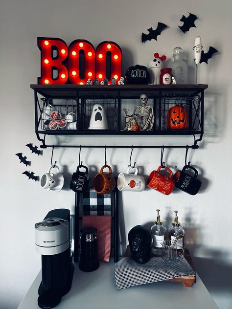 Coffee Bar Ideas Halloween, Goth Coffee Bar Ideas, Spooky Coffee Bar Ideas, Halloween Cafe Decor, Small Coffee Bar Ideas Apartments, Gothic Coffee Bar, Goth Coffee Bar, Halloween Coffee Station, Spooky Coffee Bar