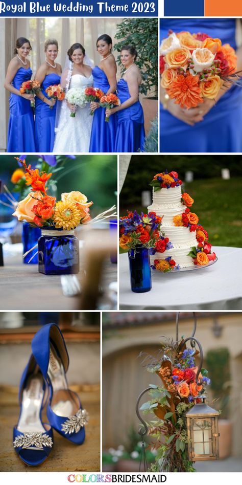 All 30+ Blue Wedding Color Palettes - ColorsBridesmaid Royal Blue Coral And Gold Wedding, Wedding Cake Dark Blue, Royal Blue And Orange Wedding, Orange Wedding Color Palette, Country Wedding Colors, Blue And Orange Wedding, Blue Orange Weddings, Ice Blue Bridesmaid Dress, Royal Blue And Orange