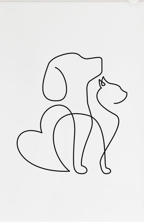 Tattoo Design Drawings Line Art, Pet Tattoo Designs, Labrador Ear Outline, Line Art Design Animal, Cute Animal Line Art, Multi Pet Tattoo, Single Line Tattoo Woman, Line Art Drawings Animals, Dog And Cat Tattoo Together