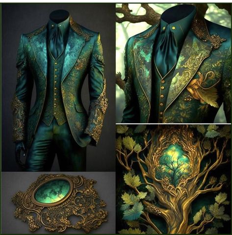 Fantasy King Outfit Design, Noble Outfits Male, Fantasy Male Wedding Outfit, Fantasy Clothing Male Royalty, Male Faerie Clothes, Green And Gold Fantasy Outfit Male, Nature Fantasy Outfit Male, Elven Fashion Male, Mens Fantasy Wedding Attire