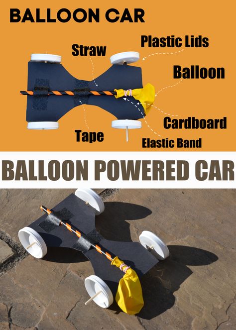 Balloon Racers Science, Balloon Powered Lego Car, Balloon Race Car Project, Stem Balloon Car, Transportation Science Experiments, Balloon Powered Car Diy, Balloon Rockets For Kids, Air Experiments For Kids, Balloon Car Project