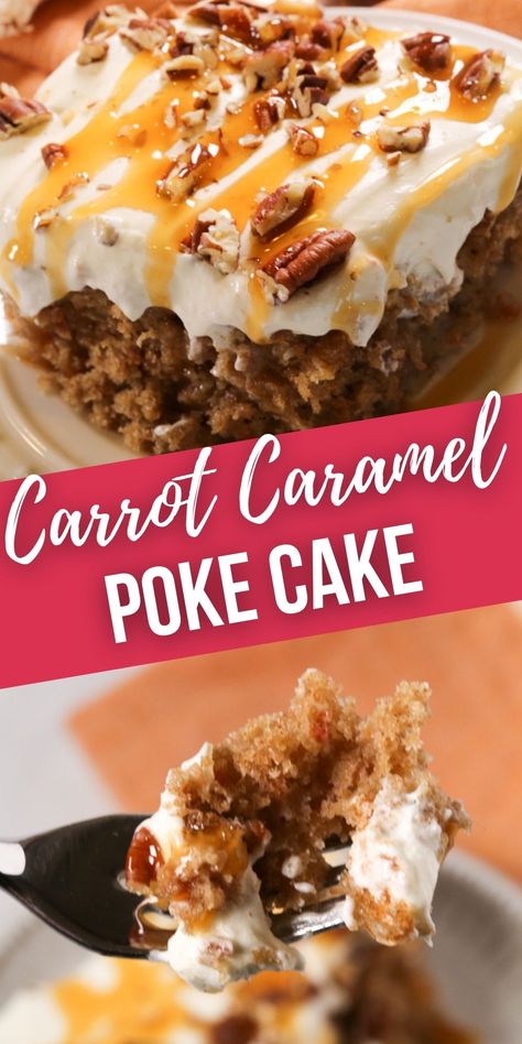 Carrot Poke Cake Recipe, Carrot Poke Cake, Carrot Cake Poke Cake, Carrot Caramel, Caramel Poke Cake, Carrot Cake Dessert, Homemade Cream Cheese Frosting, Carrot Cake Recipe Easy, Homemade Cream Cheese