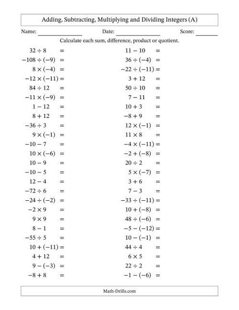 The Adding, Subtracting, Multiplying and Dividing Mixed Integers from -12 to 12 (50 Questions) (A) Math Worksheet Integers 7th Grade Math Worksheets, Multiply And Divide Integers, Multiplying And Dividing Integers, 7th Grade Math Worksheets, Dividing Integers, Adding And Subtracting Integers, Integers Worksheet, Subtracting Integers, Math Drills