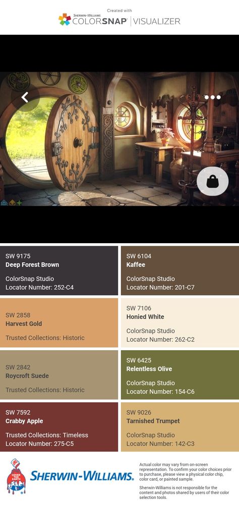 I just created this color palette with the Sherwin-Williams ColorSnap® Visualizer app on my Android phone. What do you think? You can learn more about ColorSnap Visualizer and get it on your phone free by visiting https://www.sherwin-williams.com/content/colorsnap.html. Tiny House Interior Color Schemes, Craftsman Kitchen Paint Colors, Cabincore Color Palette, Rivendell Color Palette, Earthy Color Palette Interior Design, Cottagecore Bedroom Paint Colors, Forest Color Palette Sherwin Williams, Sherwin Williams Primitive Paint Colors, Shire Inspired Bedroom