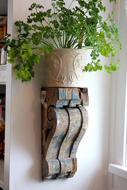 Wood corbels to hold potted herbs i will use the some of the  corbels  i bought for 8 bucks each to do something like this they are to beautiful to be sitting in the garage and in the corner of the basement Vstupná Hala, Country Decorating, Wood Corbels, Herb Pots, Flower Stand, Kitchen Extension, French Country Decorating, Diy Vintage, Diy Shelves