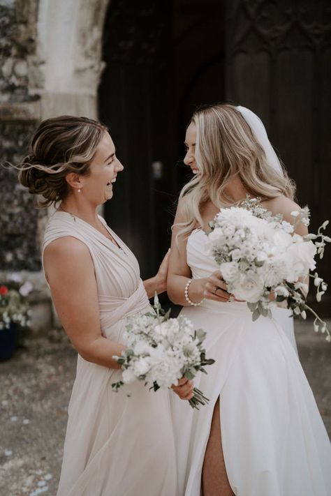 Bride and Maid of Honour laughing together outside of church. Bride And Maid Of Honour Photos, Bride Maid Of Honour Photos, Bride And Maid Of Honor Photos, Maid Of Honour And Bride Photos, Maid Of Honor Pictures With Bride, Bride And Maid Of Honor Pictures, Maid Of Honor Photos, Norfolk Wedding, Wedding Shot List