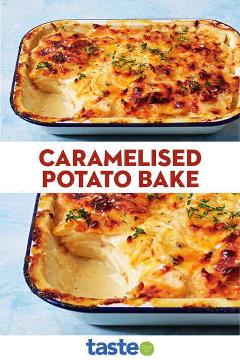 Creamy Potato Bake, Australia Recipes, Cheesy Potato Bake, Christmas Sides, Potato Bake, Cheesy Potato, Potato Recipes Side Dishes, Creamy Potato, Vegetarian Recipe