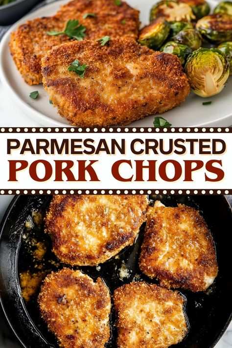 These Parmesan-crusted pork chops are about to be a regular in your dinner rotation! Juicy on the inside and crispy on the outside, they can't be topped. Pork Chop Breading Recipes, Macro Pork Chop Recipe, Pork Chops In Dutch Oven Dinners, Fast Easy Pork Chop Recipes, Pork Chop Dishes Dinners, Pounded Pork Chop Recipes, Port Chops Recipes Easy Dinners, Pork Chops With Pork Rind Crust, Top Loin Pork Chops