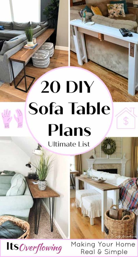 20 Free DIY Sofa Table Plans To Make Behind the Couch Table Sofa Table Plans, Couch Table Diy, Behind The Couch Table, Simple Sofa Table, Behind Sofa Table, Outdoor Sofa Table, Farmhouse Sofa Table, Rustic Sofa Tables, Table Behind Couch