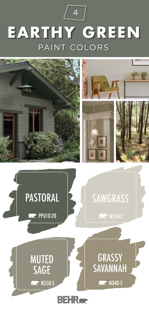 Become one with nature thanks to this earthy green color palette from Behr Paint. Dark shades like Pastoral come together with light hues like Sawgrass, Muted Sage, and Grassy Savannah to create a peaceful and relaxing style for the interior or exterior of your home. Click below to learn more. Muted Sage, Earthy Greens, House Paint Color Combination, Color Combinations Paint, Earthy Green, Green Paint Colors, Exterior Paint Colors For House, Exterior Makeover, Casa Exterior