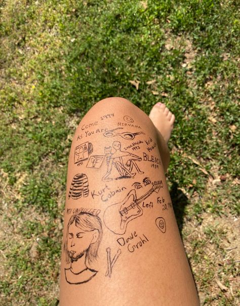 Nirvana Tattoo Lyrics, Nirvana Drawing, Kurt Cobain Tattoo, Nirvana Lyrics, Nirvana Tattoo, Lyric Tattoos, Pen Tattoo, Bullet Journal Design Ideas, Drawing Inspo